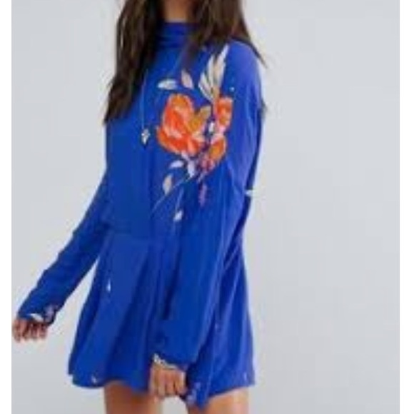 FREE PEOPLE GEMMA  OPEN BACK LONG SLEEVE TROPICAL FLORAL MINI DRESS BLUE MEDIUM - Picture 5 of 8